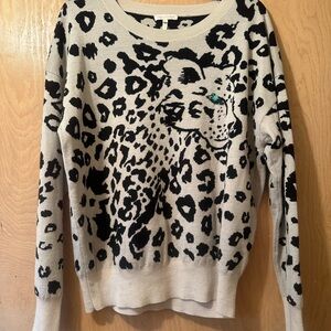 Rebecca Taylor Black Leopard Intarsia Crewneck Sweater on Cream